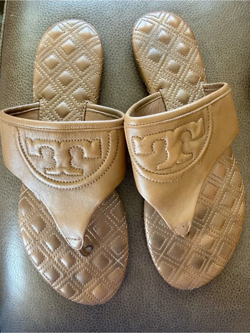 Tory Burch Fleming Quilted Flat Sandal in tan